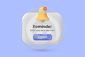 3D Reminder. Notification page with 3d bell and button. New notification of reminder for app photo